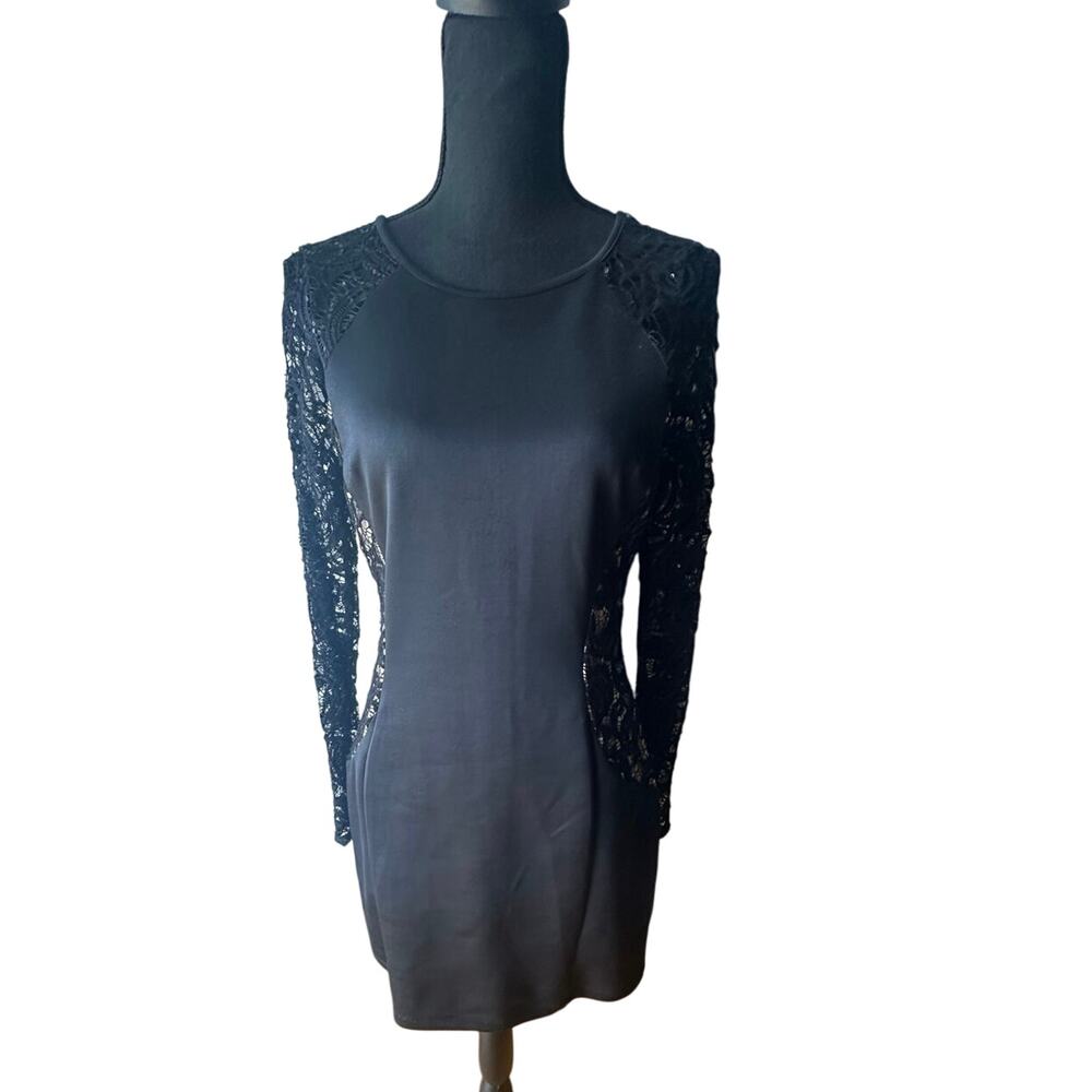 BCX Black Lace Long Sleeve Mini Dress w/ Nude Side Lining – Size 13